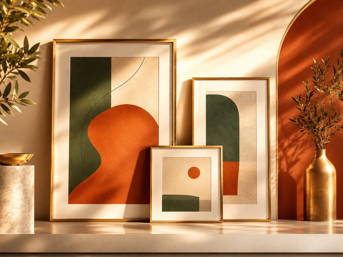 Œuvres d’art encadrées dans un intérieur élégant, illustration du comparatif des galeries d’art en ligne de Collectionneur.org